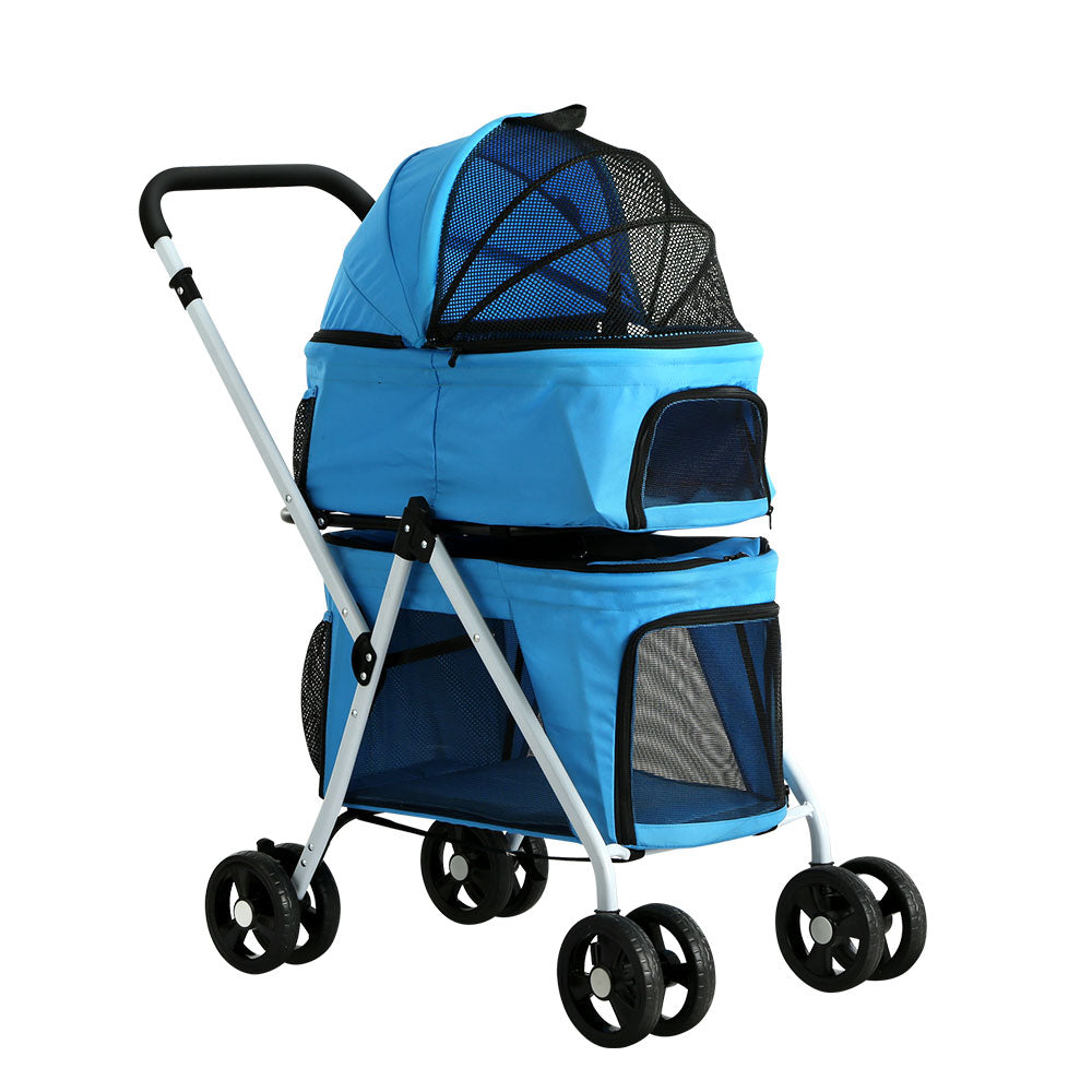 Double Stroller Pram Carrier Travel Pushchair Foldable 4 Wheels - Blue