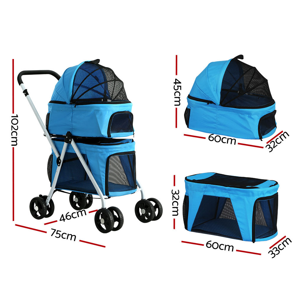 Double Stroller Pram Carrier Travel Pushchair Foldable 4 Wheels - Blue