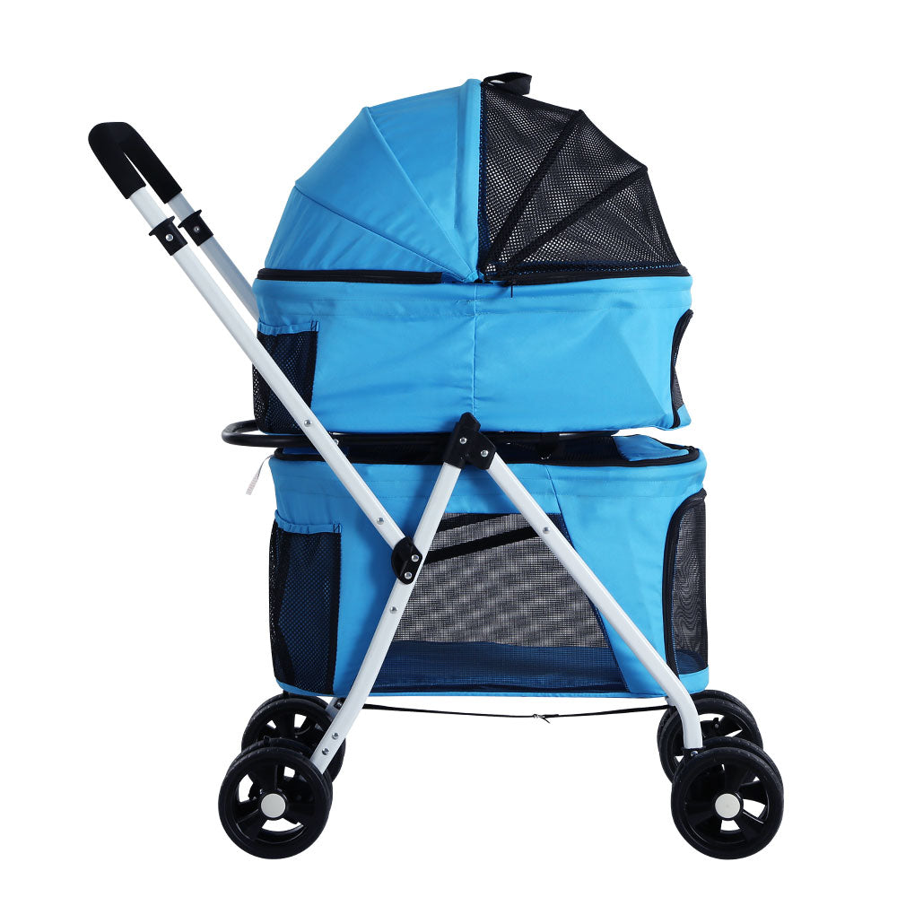 Double Stroller Pram Carrier Travel Pushchair Foldable 4 Wheels - Blue