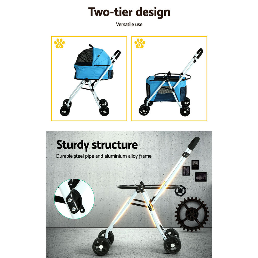 Double Stroller Pram Carrier Travel Pushchair Foldable 4 Wheels - Blue