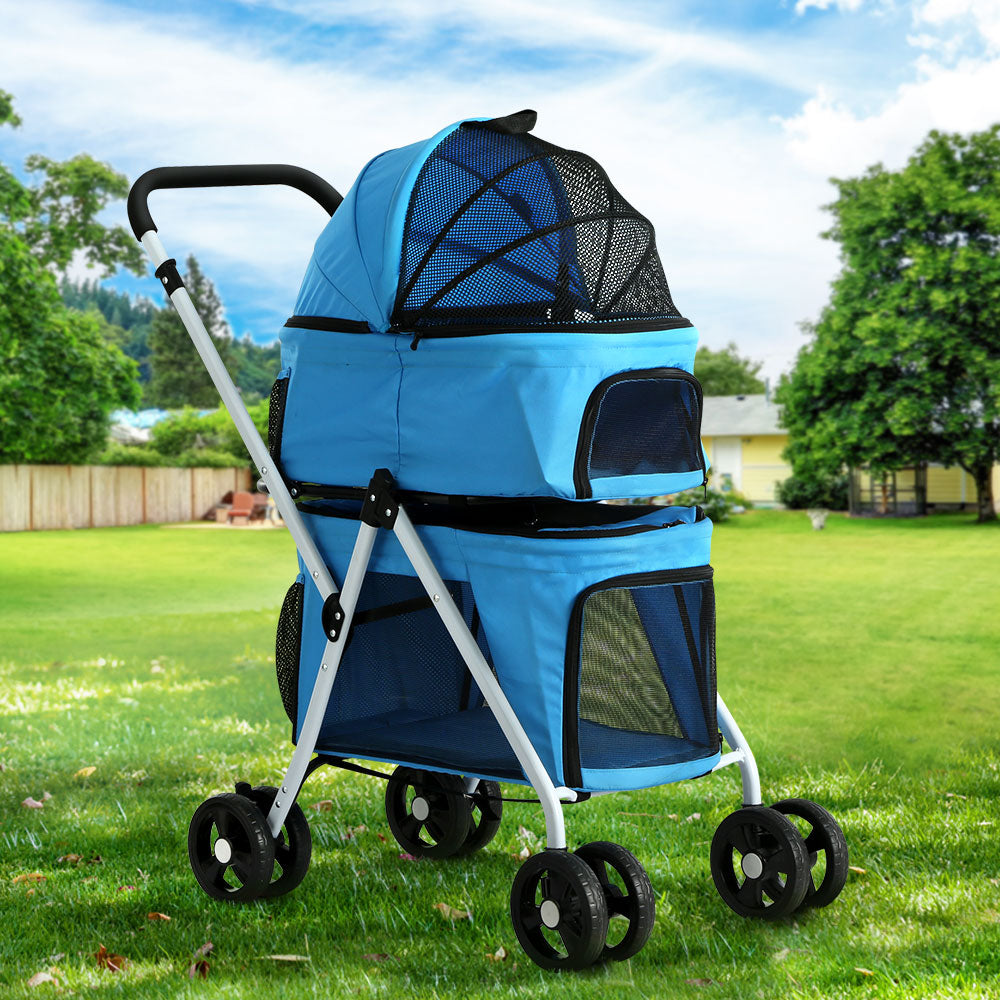 Double Stroller Pram Carrier Travel Pushchair Foldable 4 Wheels - Blue